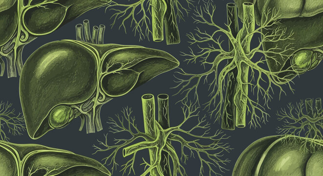 Detailed anatomical illustration of human liver, bile ducts, and vascular system in a repeating pattern, rendered with a scientific and medical aesthetic.