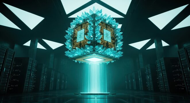 Futuristic cubic device embedded with glowing crystals floats inside a dark technological server room.