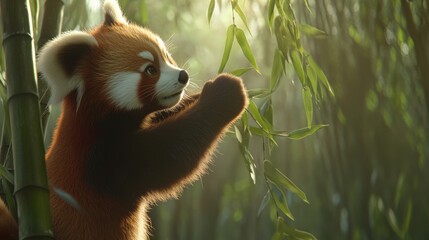 Fototapeta premium Adorable Red Panda Grooming Bamboo in Serene Forest Setting