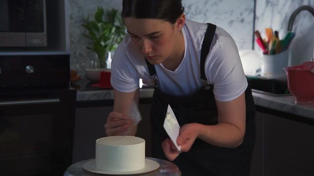 Young woman focuses intently on cake decorating. She uses a tool to smooth frosting on a round cake. Her hands move with care, showing precision and skill. The kitchen background is clean