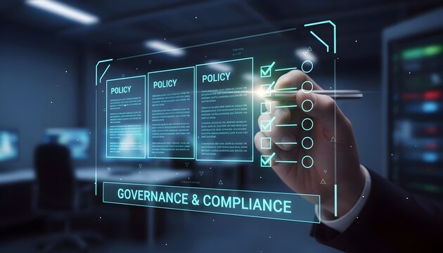 Business professional reviewing digital policy documents with checklist system. Represents corporate policy management, compliance control, Business & Operations, internal guidelines, approval workflo