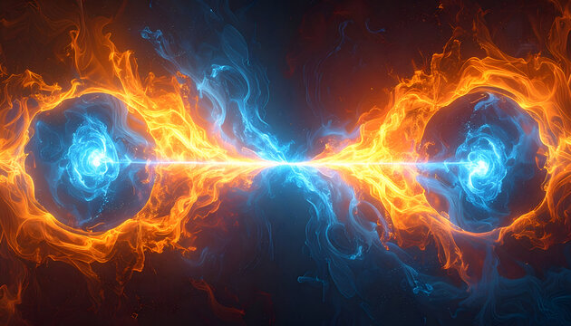 A vibrant clash of fire and ice energy forms a symmetrical, dynamic composition against a dark backdrop.