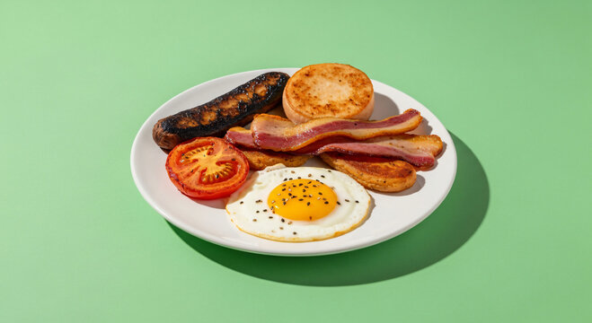 Grilled bacon and fried eggs breakfast plate with roasted tomatoes on green background
