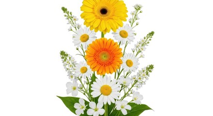 Naklejka premium Bright gerbera daisies and white wildflowers create a cheerful floral arrangement isolated on white.