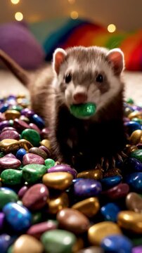 Cute Ferret Playing with Colorful Pebbles.