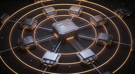Naklejka premium Clean enterprise topology scene with central compute core and balanced radial node structure, professional stock image for infrastructure visibility, system coordination and distributed operations