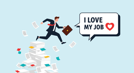 Naklejka premium Energetic businessman in a suit leaping over high stacks of paper documents with a speech bubble that says I love my job.