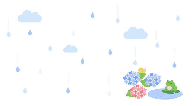 梅雨の背景イラスト　梅雨バナー　梅雨素材　雨の日　フレーム　水滴　蛙　傘　