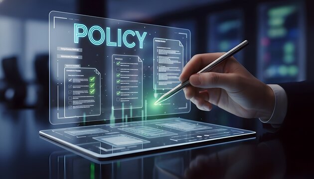 Business professional reviewing digital policy documents with checklist system. Represents corporate policy management, compliance control, Business & Operations, internal guidelines, approval workflo