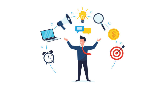 Successful entrepreneur standing with open arms while various business icons orbit around him in a circle.