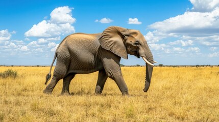 Fototapeta premium Majestic African Elephant Walking Through Golden Grassland Landscape