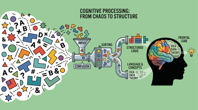 An infographic illustrating cognitive processing, showing how chaotic input is sorted and structured into logic, language, and concepts within the human brain's frontal lobe to form ideas.