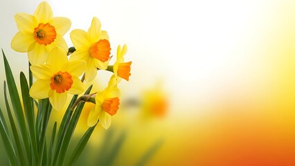 Obraz premium Vibrant yellow daffodils in bloom with green leaves and blurred background