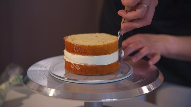 Hands adjust a cake on a turntable. Whipped cream fills the layers between sponge cakes. The cake is being carefully assembled. Soft focus emphasizes the cake's texture and layers