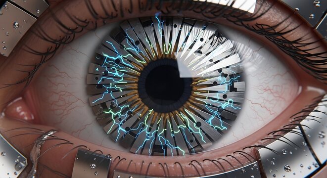 Close-up of a futuristic cyborg eye with intricate mechanical details and glowing blue circuits.
