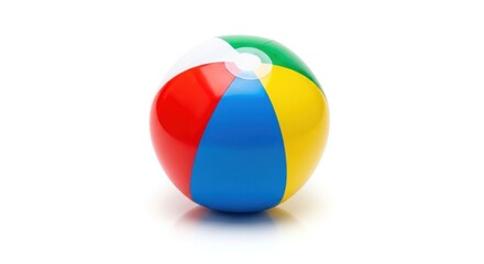 Fototapeta premium A colorful, shiny beach ball with red, white, blue, green, and yellow sections sits on a plain white background, casting a subtle shadow