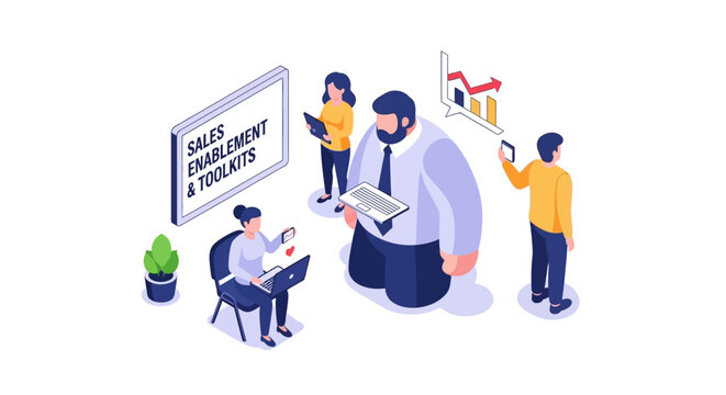 Isometric illustration of business team working on sales enablement.