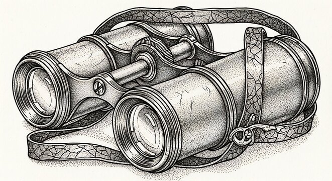 Vintage Binoculars with Leather Strap Detailed Illustration.