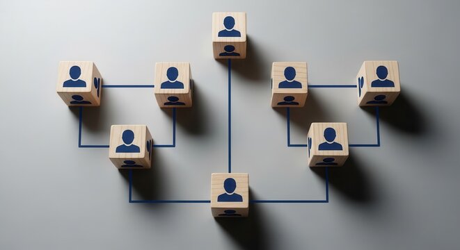 Wooden blocks with human icons are arranged to visualize a corporate organizational structure.