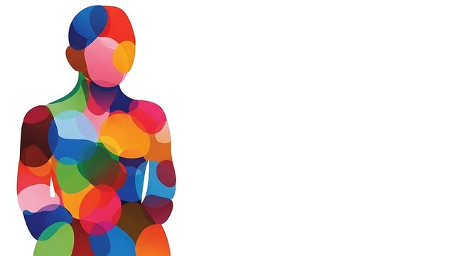 Vibrant human form composed of multicolored geometric shapes