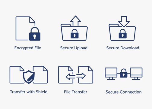 A set of Secure File Transfer icons focuses on simplicity, elegance, and ease of recognition. Vector Sign for Logos, Labels, and Icons.
