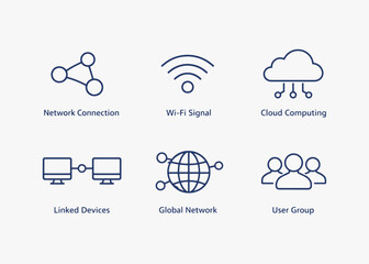 Obraz premium A set of Networking icons focuses on simplicity, elegance, and ease of recognition. Vector Sign for Logos, Labels, and Icons.