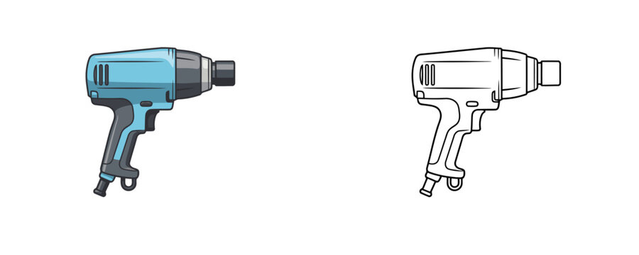 Pneumatic air impact wrench illustrations in flat blue and black line style represents handheld power tools for tire service and automotive repair on white background