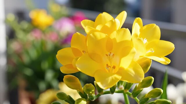 Beautiful yellow freesia flowers blooming in the sunlight, close-up view.