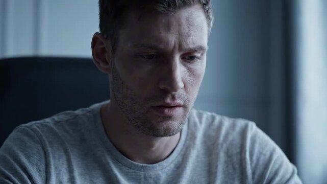 Cool blue morning portrait of a tired man with a disappointing face, sitting indoors and looking down in deep shock, intimate emotional scene capturing burnout, regret, loneliness, and exhaustion