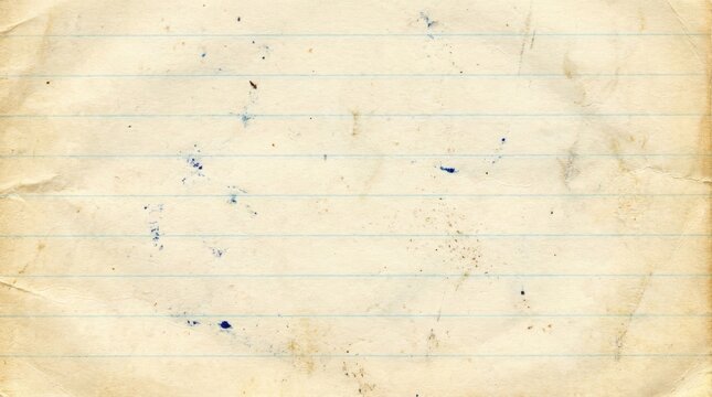 Aged yellowed notebook page with horizontal blue lines showing weathered details and messy ink blots
