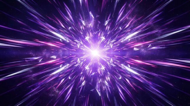 Dynamic violet space background with bright central light source and radiating glowing neon lines