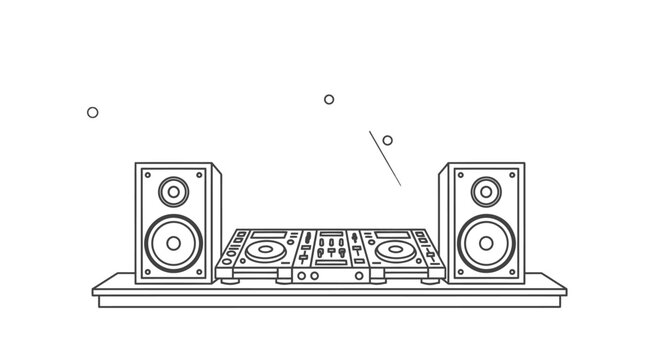 Professional dj audio equipment consisting of a high quality mixing console integrated with two powerful studio monitors placed on a flat surface representing modern electronic music production techno