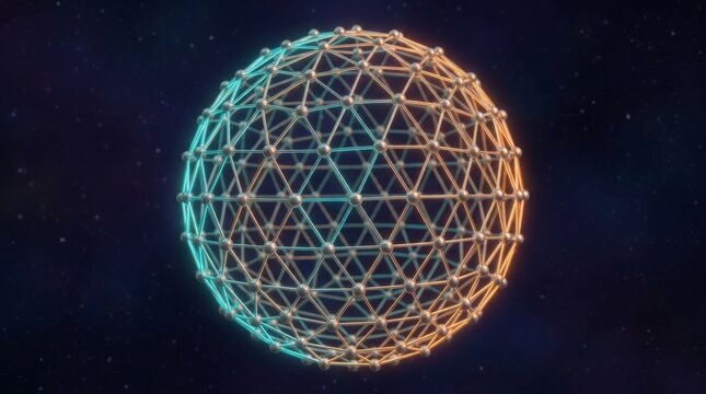 Glowing wireframe sphere in blue and orange. Futuristic abstract grid for network and data.