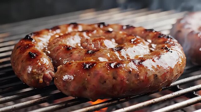 Delicious Spiral Sausage Grilling Over Hot Coals Outdoors.