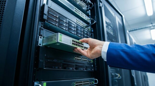 Hand installing equipment, server room, network hardware, data center operations