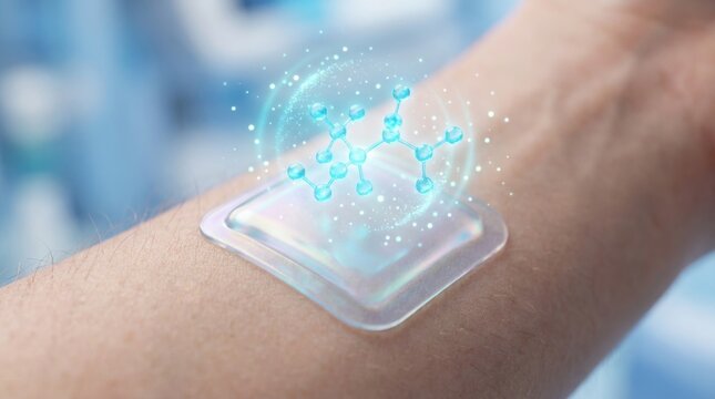 Innovative transdermal adhesive patch applied to forearm with digital molecule hologram technology
