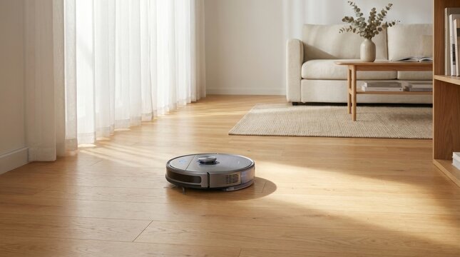 Robot vacuum cleaner moving on bright wooden floor in modern apartment with sofa and sunlit window