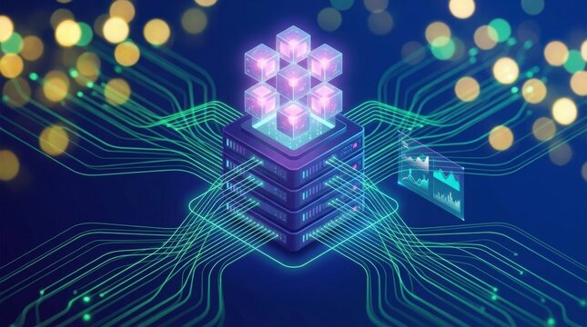 Powerful data center tower, holographic storage units, digital circuit board, tech background