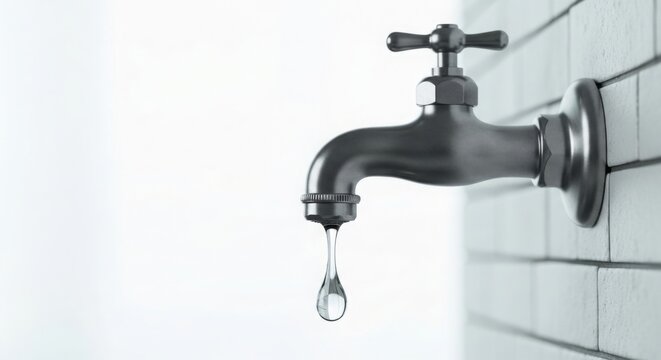 Single drop of water falling from metal faucet. Water conservation and plumbing