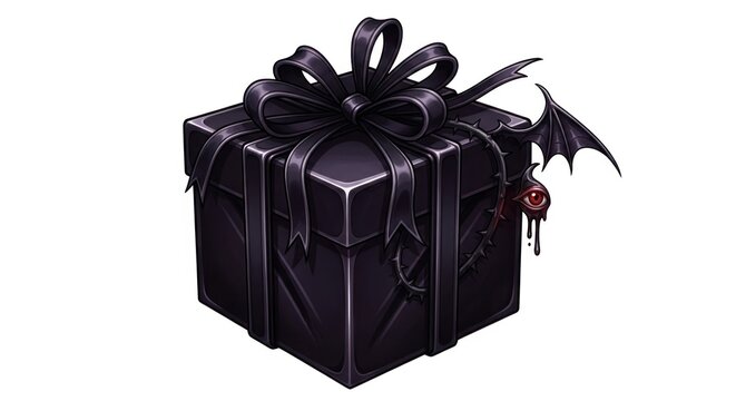 A dark purple gift box adorned with a matching ribbon and a small bat wing