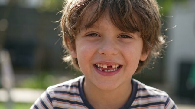 Smiling Young Boy Missing Front Teeth Outdoors.