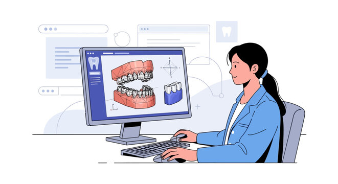 Dental technician designing 3D teeth model on computer