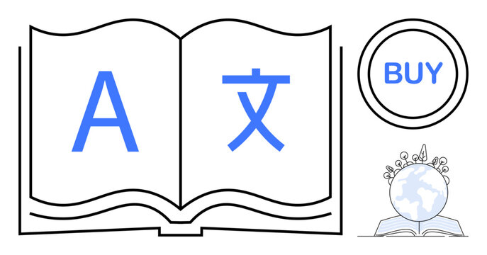 Language learning, cultural exchange, global education, online shopping, translation services, multilingual communication. Open book with A and symbol, buy button, globe with book and leaves
