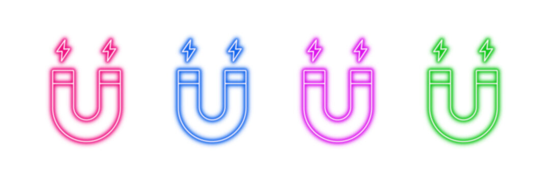 Neon glowing horseshoe magnet vector icons set, magnetism, attraction, physics, science, technology, energy, power, colorful abstract digital illustration on transparent background