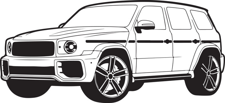 Luxury SUV, vehicle illustration, car design, automotive style, black and white