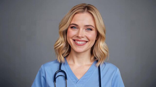 Smiling Female Nurse with Stethoscope Looking at Camera in Studio
