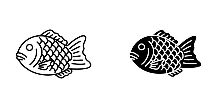 Taiyaki fish shaped cake icons set in thin outline and solid black silhouette style for japanese street food menu design web app interface flat vector illustration isolated on white background.