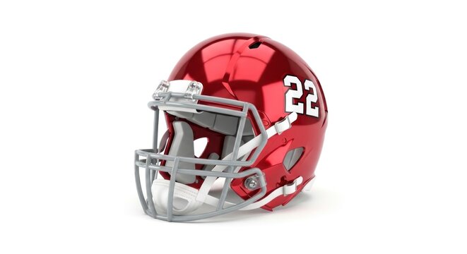 A shiny red football helmet with a silver face guard and the number 22 on the side