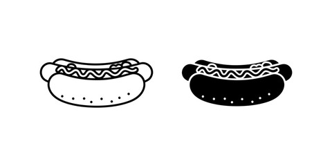 Fototapeta premium Minimalist hot dog with sauce and toppings icon set isolated on white background, black linear and silhouette design for fast food, snack.