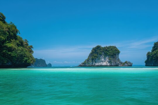 青空の下、澄んだ水が島々を取り囲んでいます